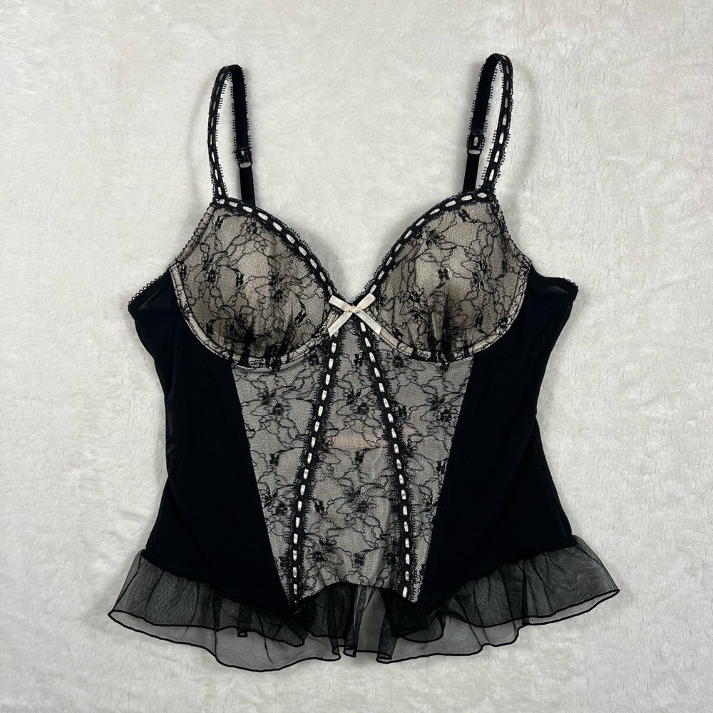 Sophie B. Black and Cream Lace Bow Peplum Ruffle Chemise